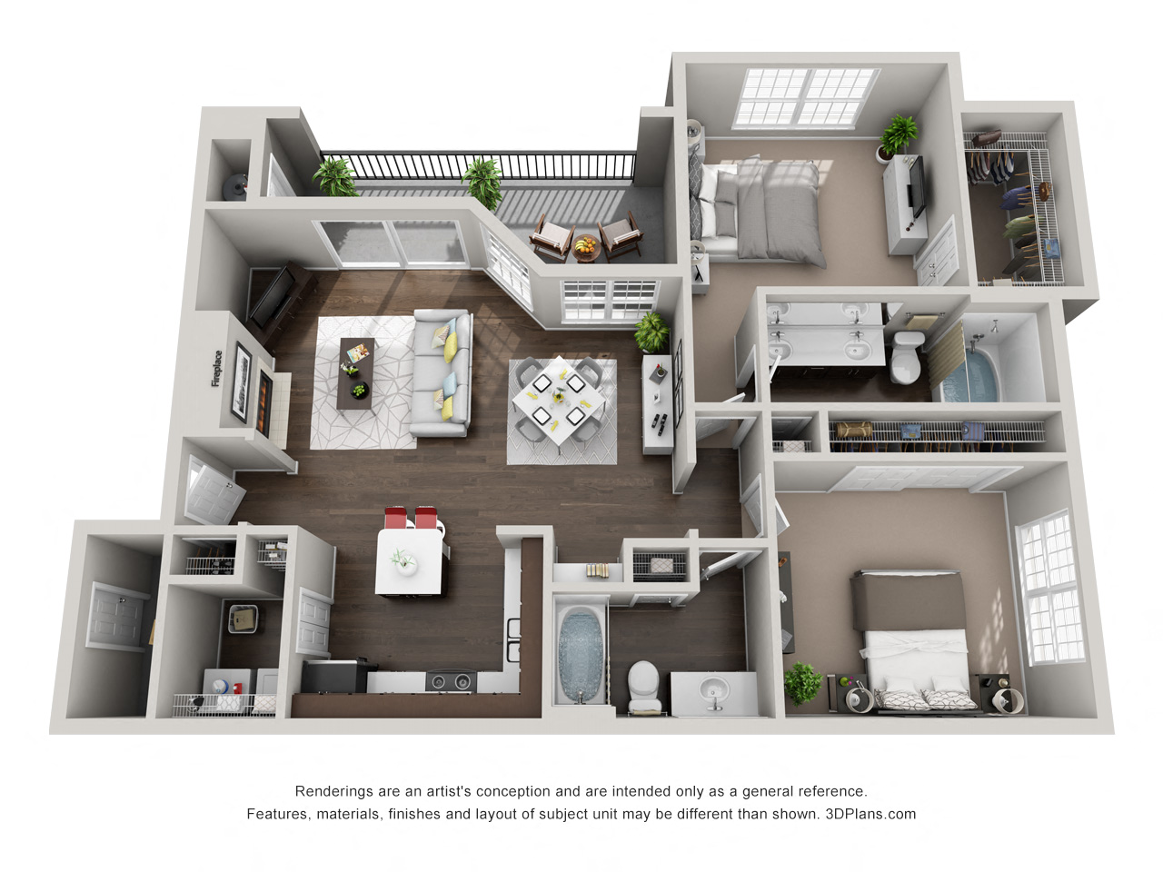Floor plan for 2 beds, 2 baths, 1165 sqft